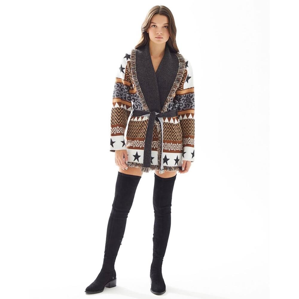 Regino Aria Cardigan wester brown neutral print stars‎ Aztec wrap sweater